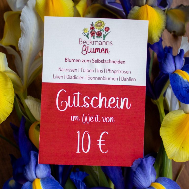Ein Gutschein von Beckmanns Blumen im Wert von 10€ vor einem Hintergrund aus weißen und blauen Iris.