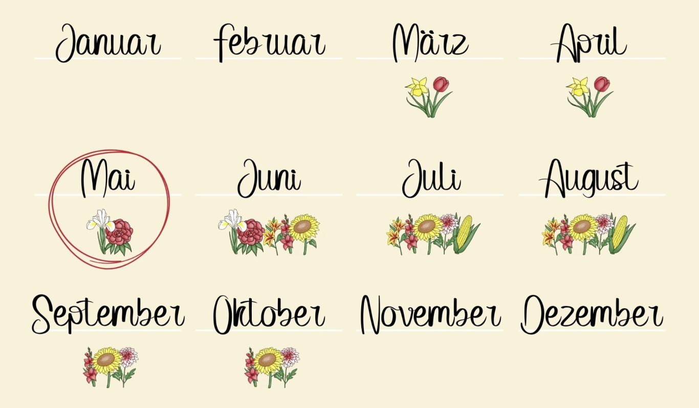 Ein Kalender mit einer monatlichen Übersicht der Blumen auf den Blumenfeldern von Beckmanns Blumen.