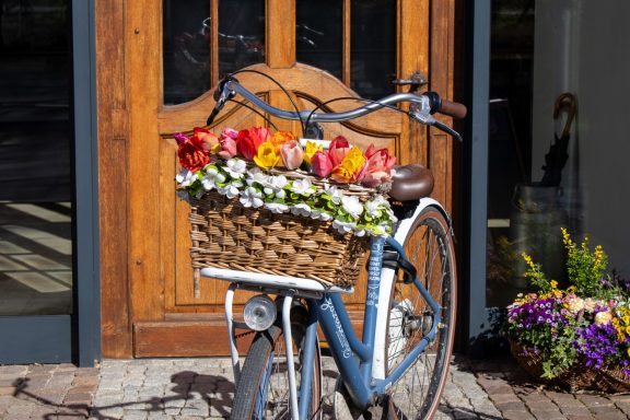Bunte Tulpen von Beckmanns Blumen liegen arrangiert in einem Vintage-Fahrradkorb.