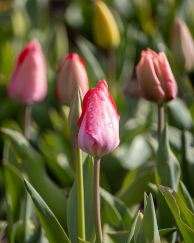 Eine pinke Tulpe blüht auf einem Blumenfeld von Beckmanns Blumen.